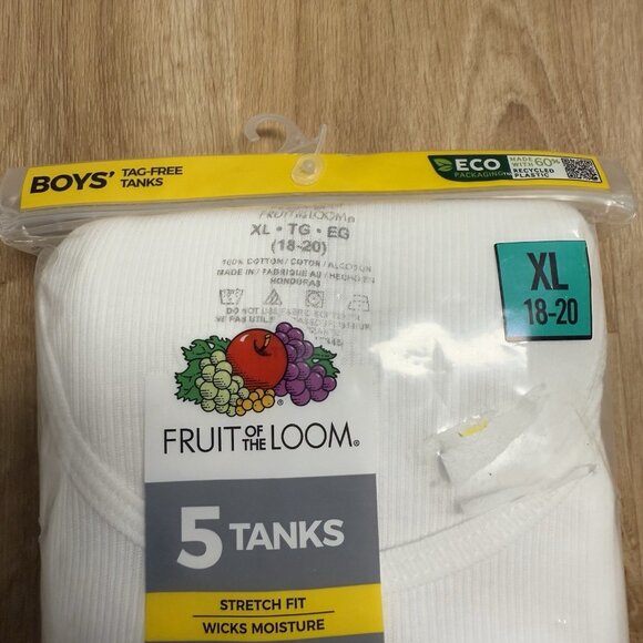 FRUIT OF THE LOOM TANKS 5 PACK BOYS XL (18-20) RIBBED WHITE COTTON UNDERSHIRT - Picture 4 of 5